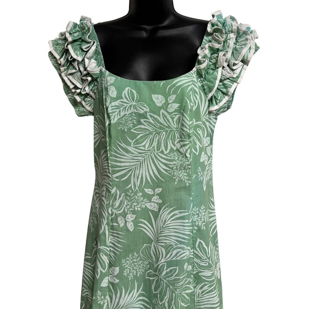 KY’S Muumuu Dress Small Green White Hawaiian Ruffle Sleeve Maxi Tropical EUC - Picture 2 of 10